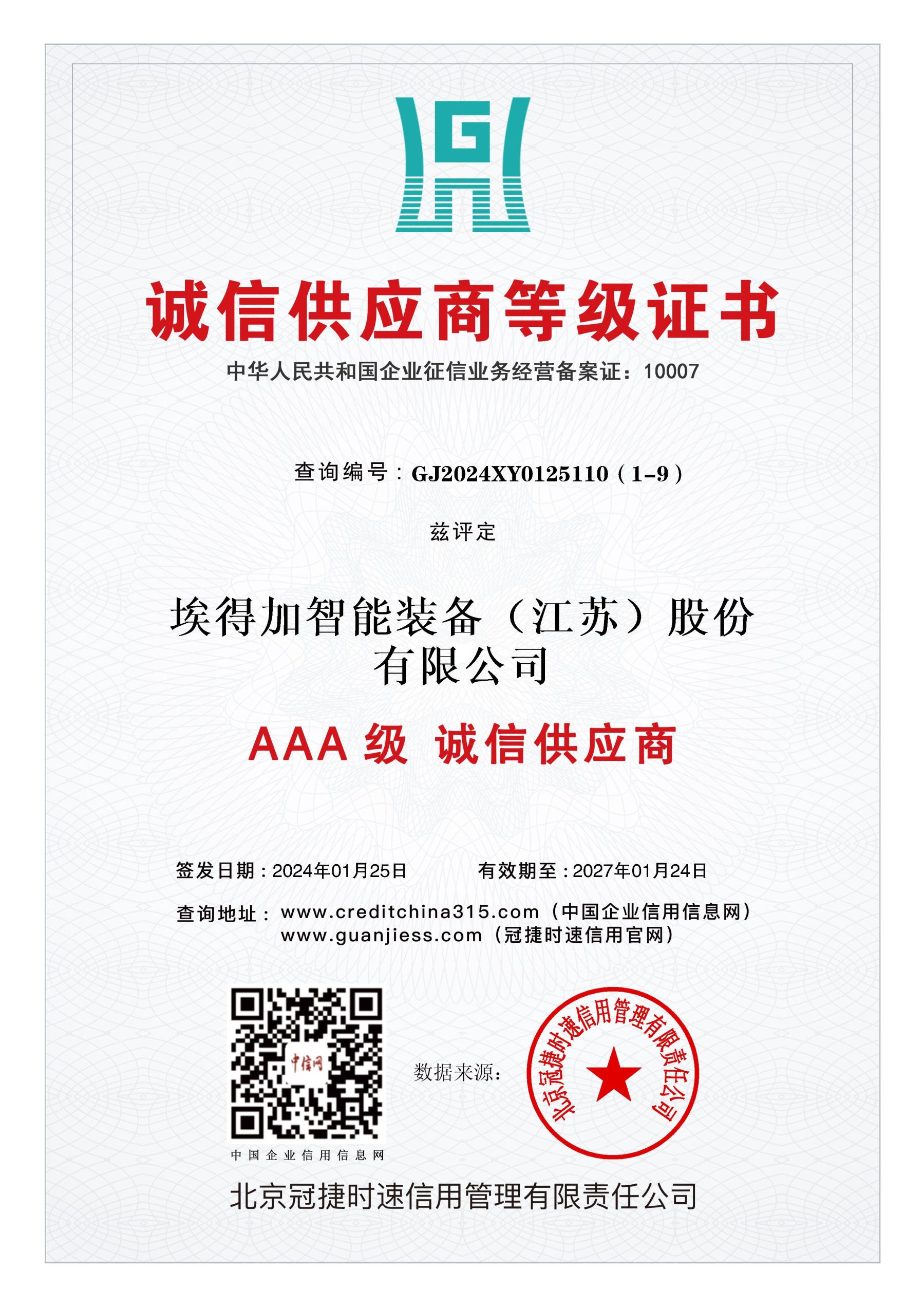 AAA诚信供应商等级证书